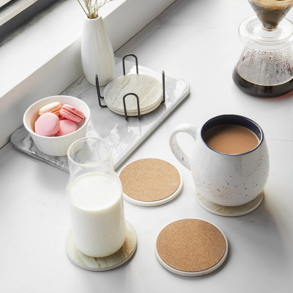 Coasters Set of 6, Coasters for Drinks Absorbent Stone with Holder, Black Marble Style Ceramic Drink Coaster for
