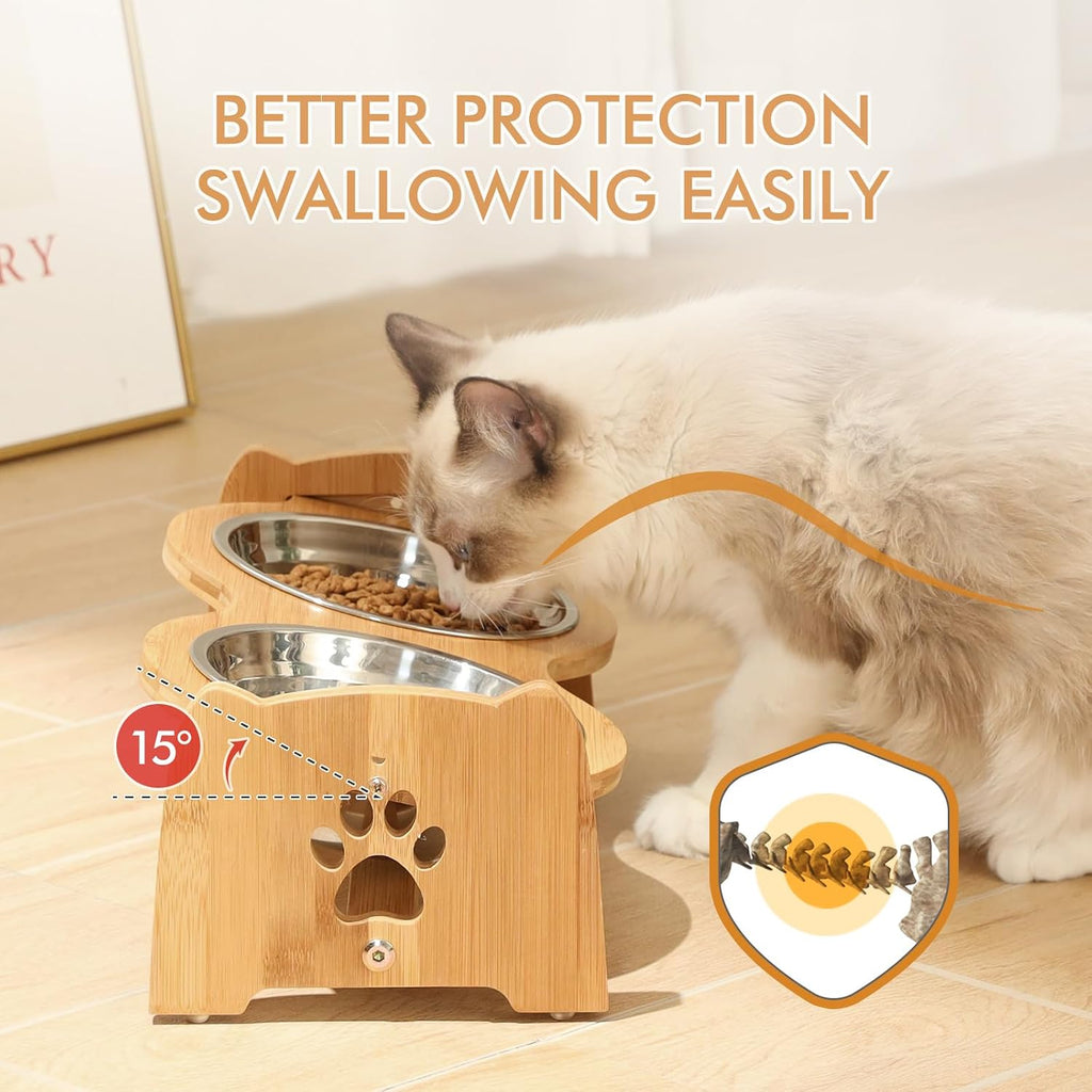 Elevated Dog Bowls for Cats and Dogs, Adjustable Bamboo Raised Dog Bowls for Small Dog, Food and Water Set Stand