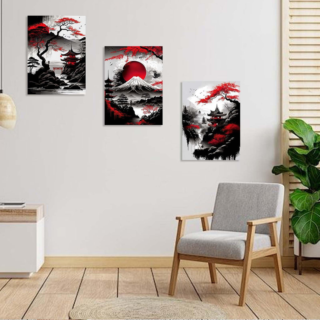 3 Piece Framed Canvas Wall Art Japanese Landscape Wall Decor with Red Sun, Mount Fuji, Pagoda & Cherry Blossom