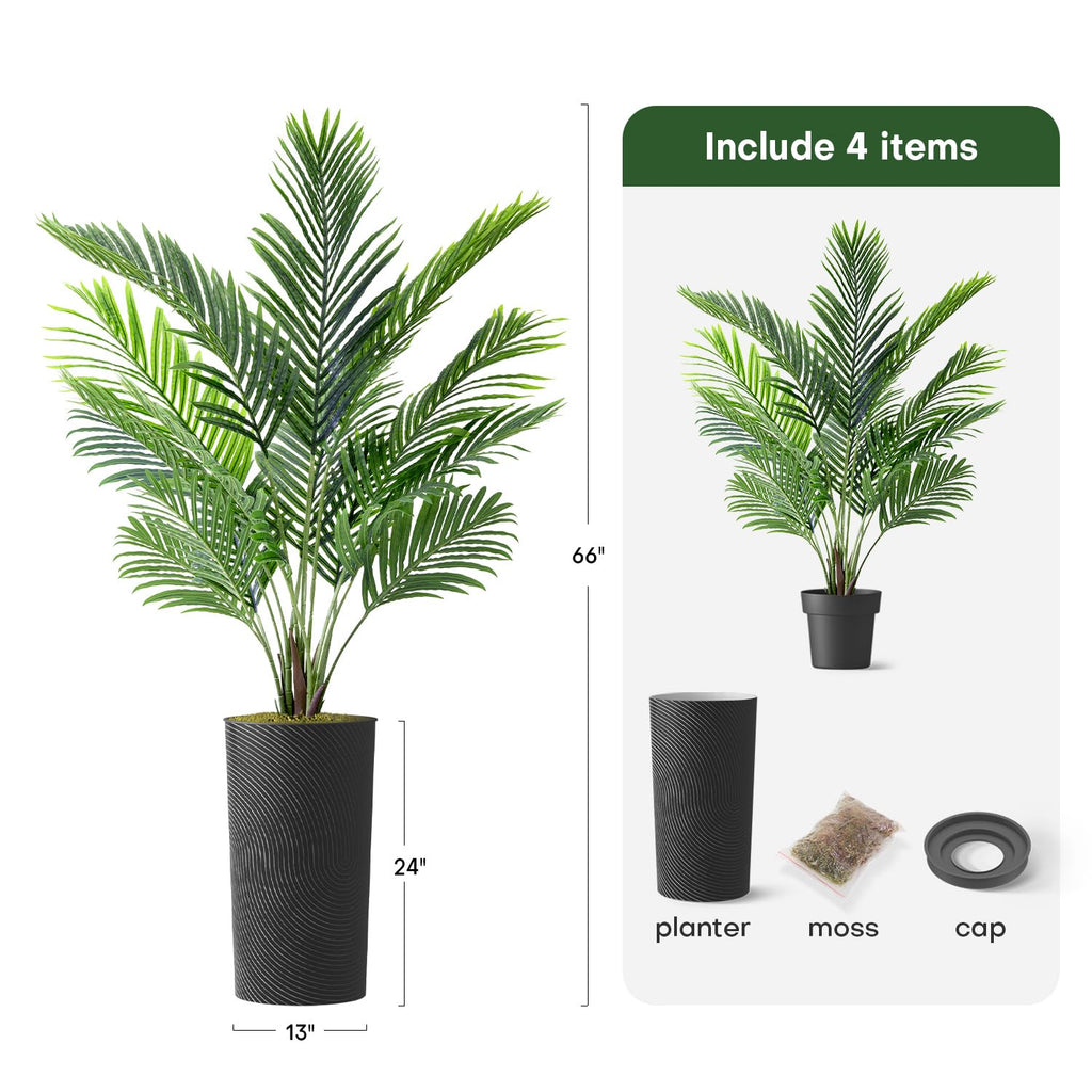 Artificial Tree in Geometric Spiral Pattern Planter, Fake Areca Tropical Palm Silk Tree for Indoor and Outdoor Home