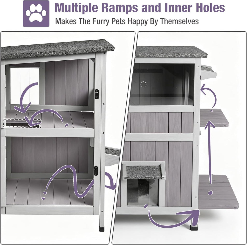 Outdoor Cat House Weatherproof for Winter, 9.78 ft2 2-Story Wooden Feral Cat Shelter with Waterproof Roof, Escape