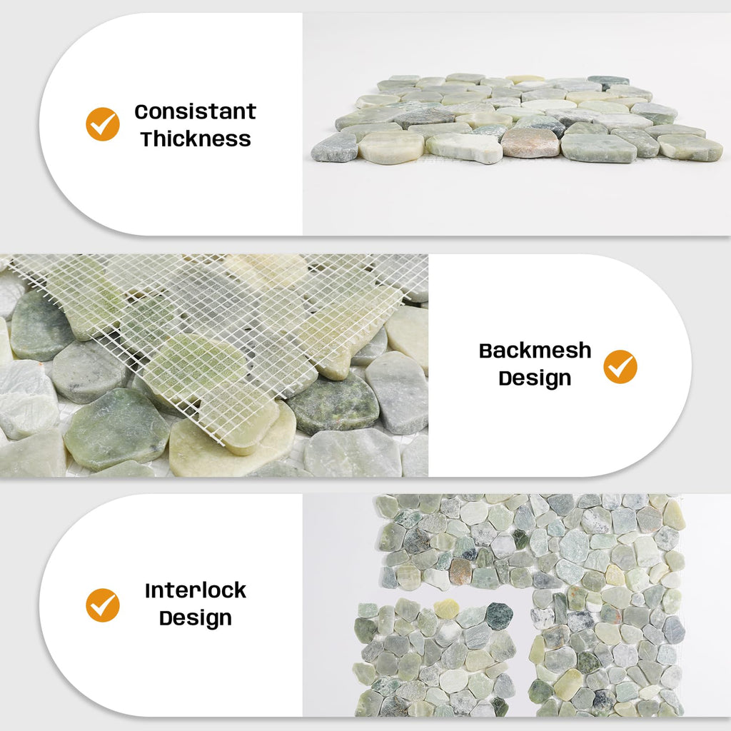 Green Pebble Tile for Shower Floor, Stone Backsplash Tiles, 5 Pcs