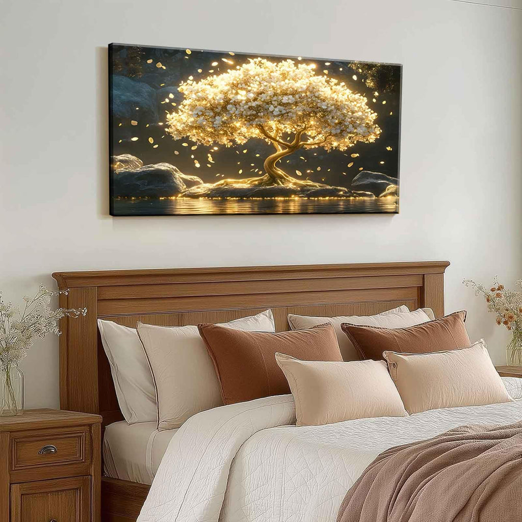 Large Tree of Life Canvas Wall Art Abstract Gold Tree Mountain Lake Decor painting Pictures Nordic Golden White