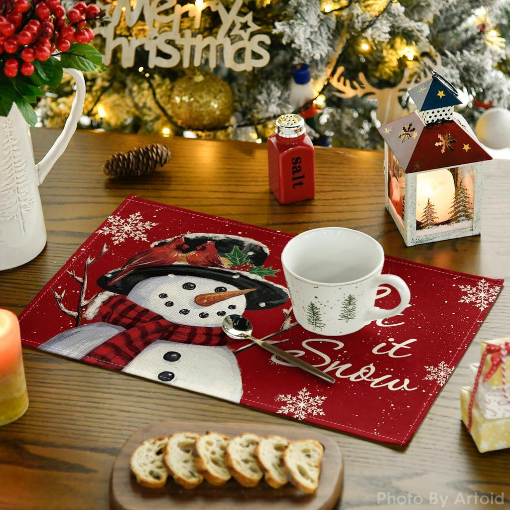 Red Snowman Let It Snow Winter Placemats Set of 6, 12x18 Inch Seasonal Christmas Holiday Table Mats for Party Kitchen