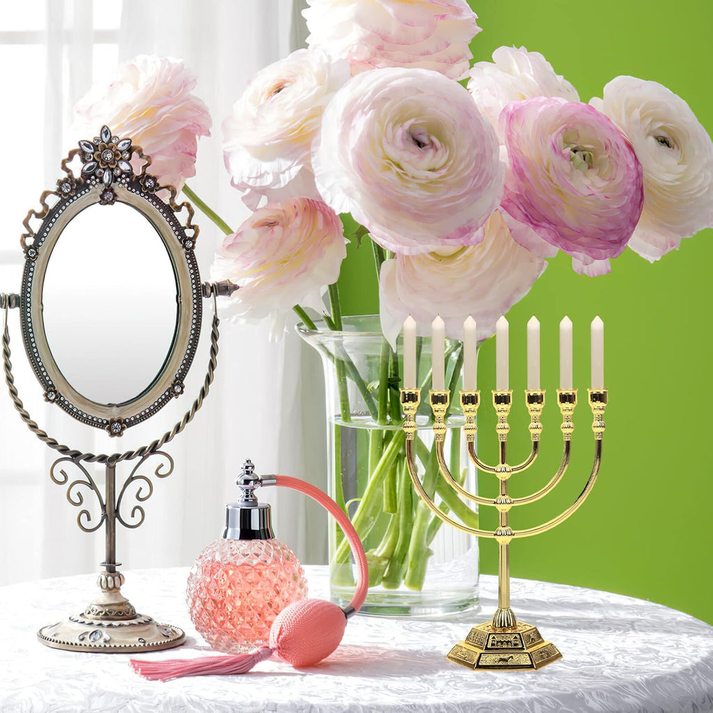 Israel 7-Branch Candle Holder - Golden Metal Candelabrum for Hanukkah, Jewish Decor, and Gifts - 6.68 X 5.31 X 2.55