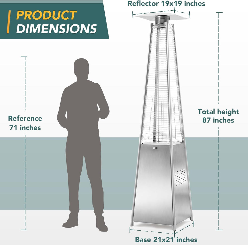 Patio Heater, 48,000 BTU Pyramid Flame Patio Outdoor Heater with Cover, Quartz Glass Tube Stainless Steel Propane