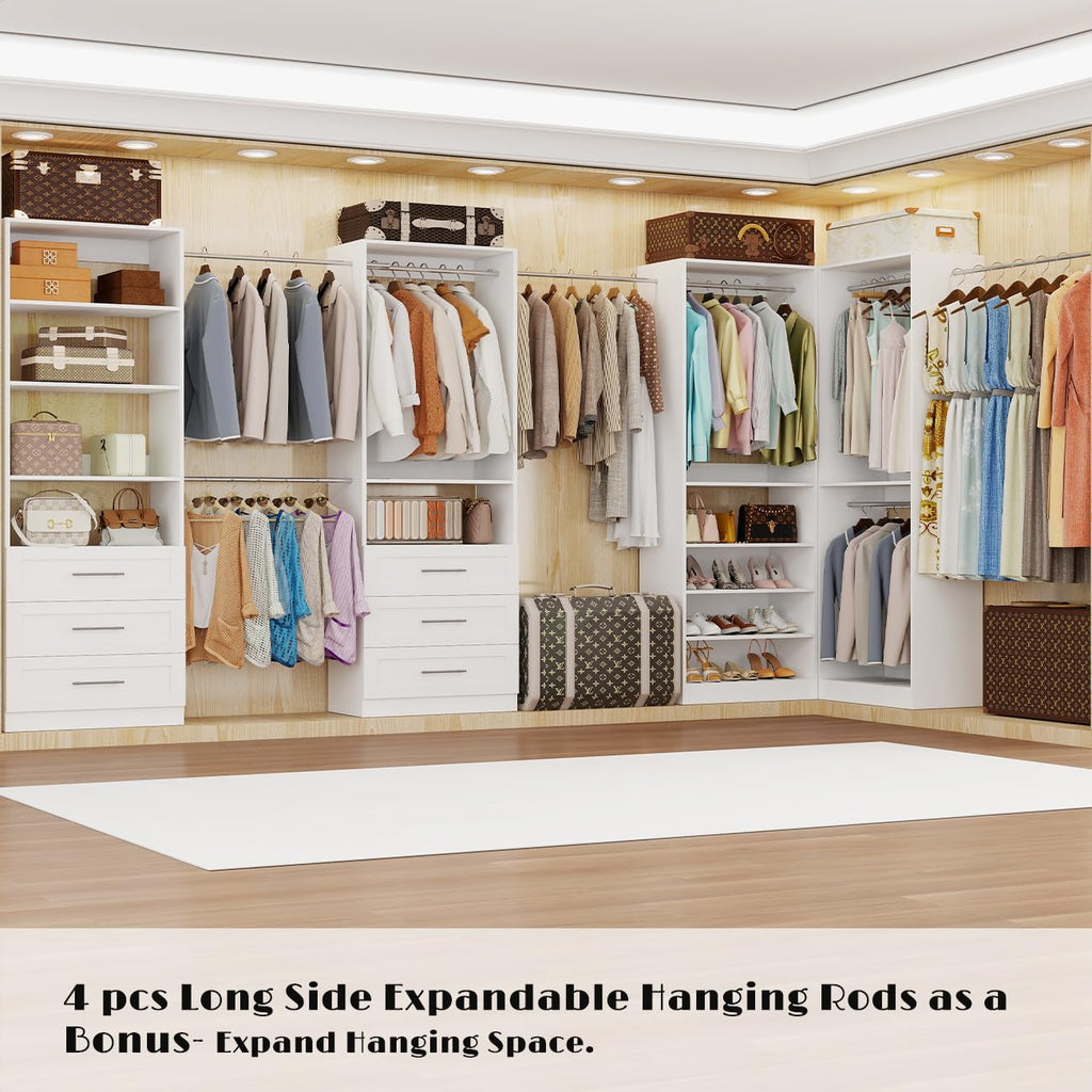 Closet System with 4 Sets, 8-21FT Closet Organizer Systems with 6 Drawers & 8 Hanging Rods & Adjustable Shelves, Walk