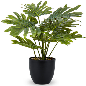 Artificial Monstera Plant in Black Pot, 18" Tall Faux Tropical Greenery Potted Philodendron Plant Tabletop Shelf