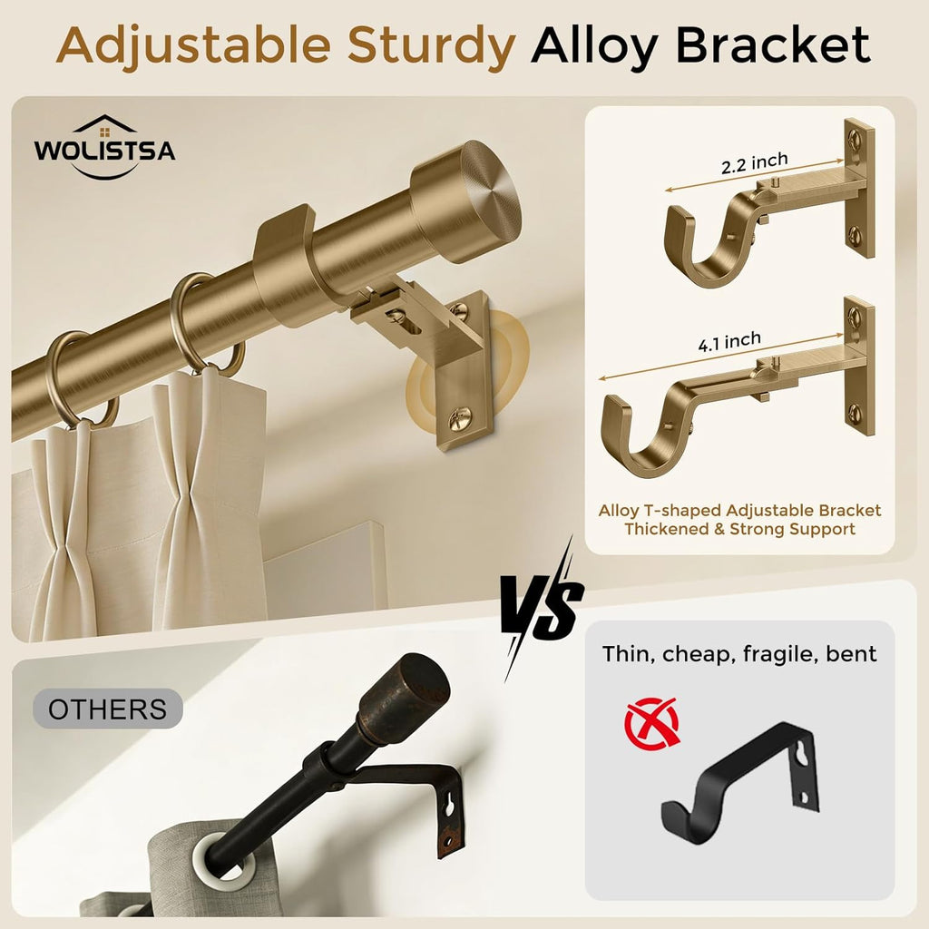 Brass Gold Curtain Rod 34-124 Inch, Brushed Warm Gold 1" Adjustable Long Heavy Duty Curtain Rods for Windows