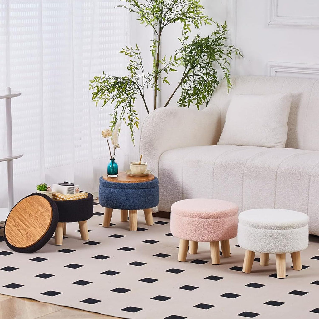 Storage Ottoman, Modern Round Footrest with Soft Padded Seat, Teddy Velvet Footstool with Wood Legs, Accent Small