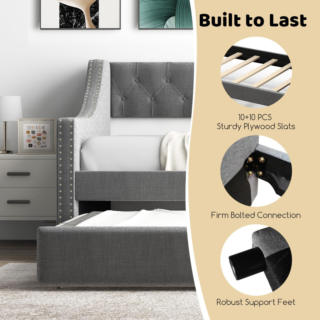 Upholstered Twin Daybed with Trundle, Modern Trundle Bed with Button Tufted Backrest and Wooden Slat Support, Twin