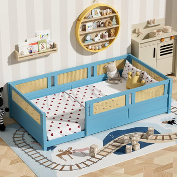 Floor Bed with PE Rattan High Fence, Wood Montessori Bed Frame with Slats for Children Girls Boys, Sky