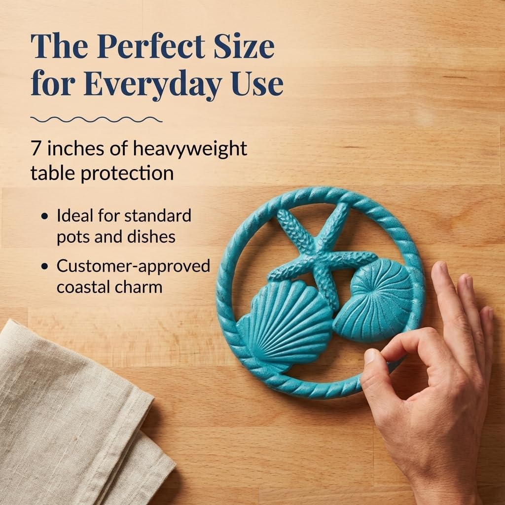 Cast Iron Ocean Trivet - Nautical Seashell and Starfish Trivet for Coastal Kitchen Decor - Heavyweight Beach House