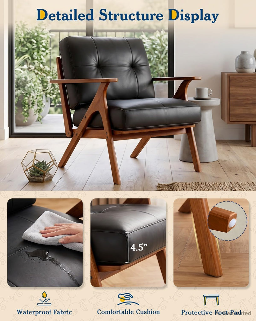 Black Leather Mid Century Curved Arm Chairs with Solid Wood Frame - Set of 2