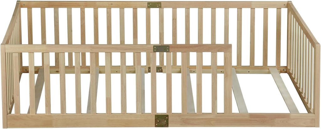 Floor Bed for Kids, Floor Bed with High Fence and Slats, Wooden Montessori Beds for Kids, Natural