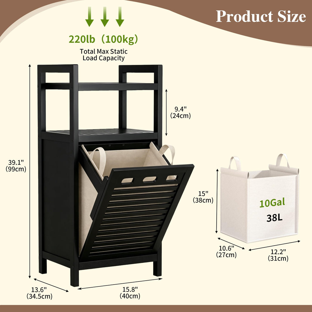Tilt Out Laundry Hamper, Bamboo Laundry Storage Cabinet with Shelf, 10 Gal Hidden Laundry Basket Organizer, Laundry