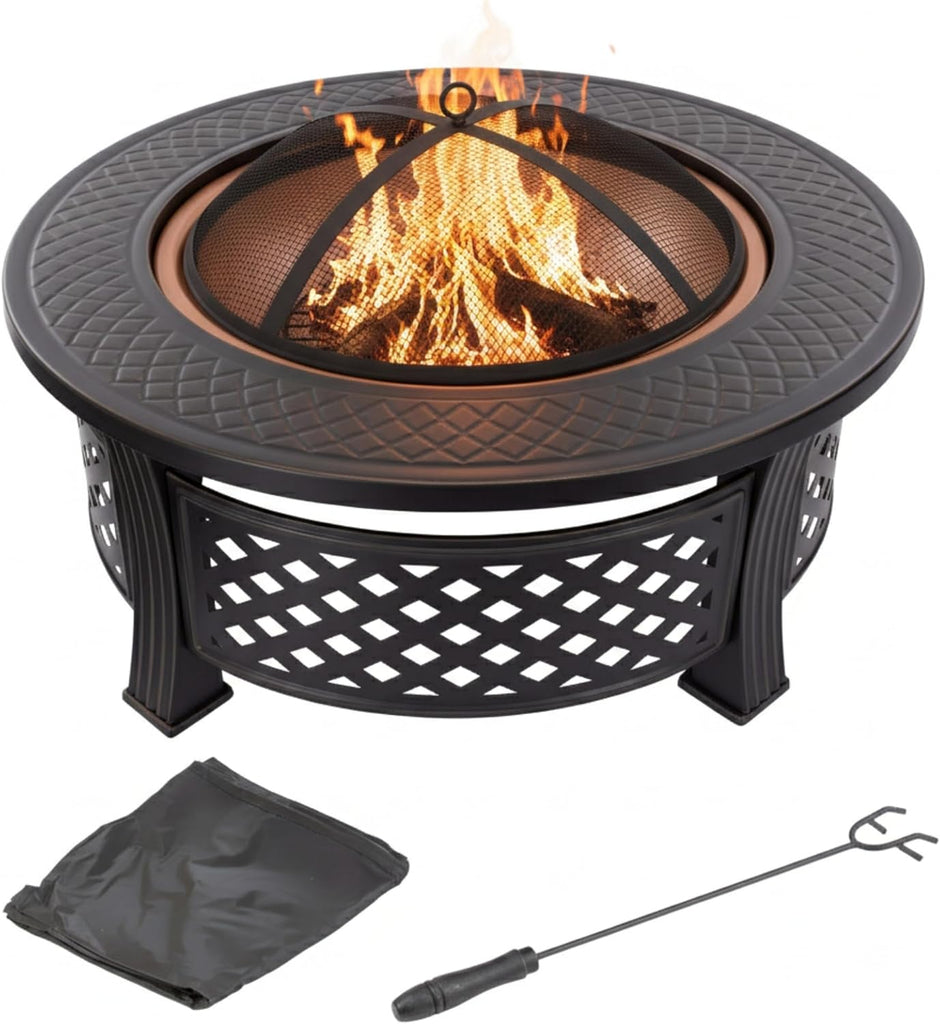 Fire Pit - 32-Inch Outdoor Fireplace with Spark Screen, Poker, and Cover - Wood-Burning Fire Pit