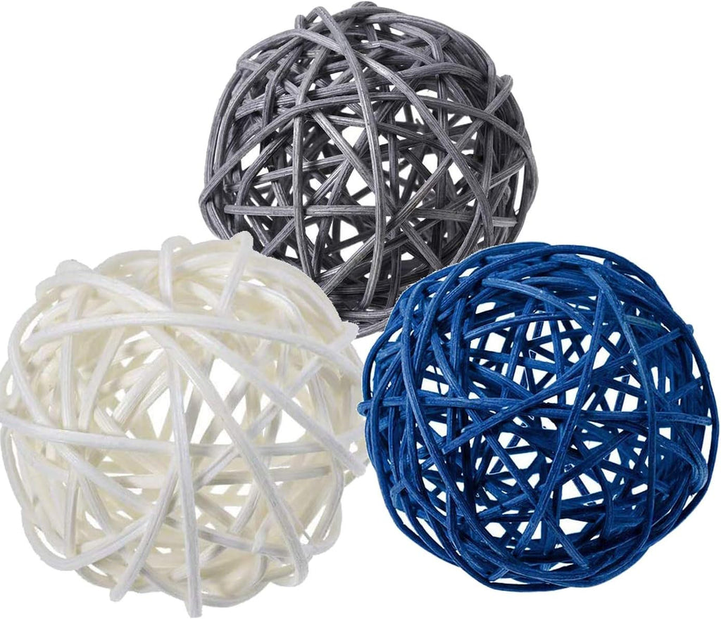 Mixed Blue Gray White Natural Decorative Wicker Rattan Balls- Vase Filler, House Ornament, Christmas Tree - Set of 15