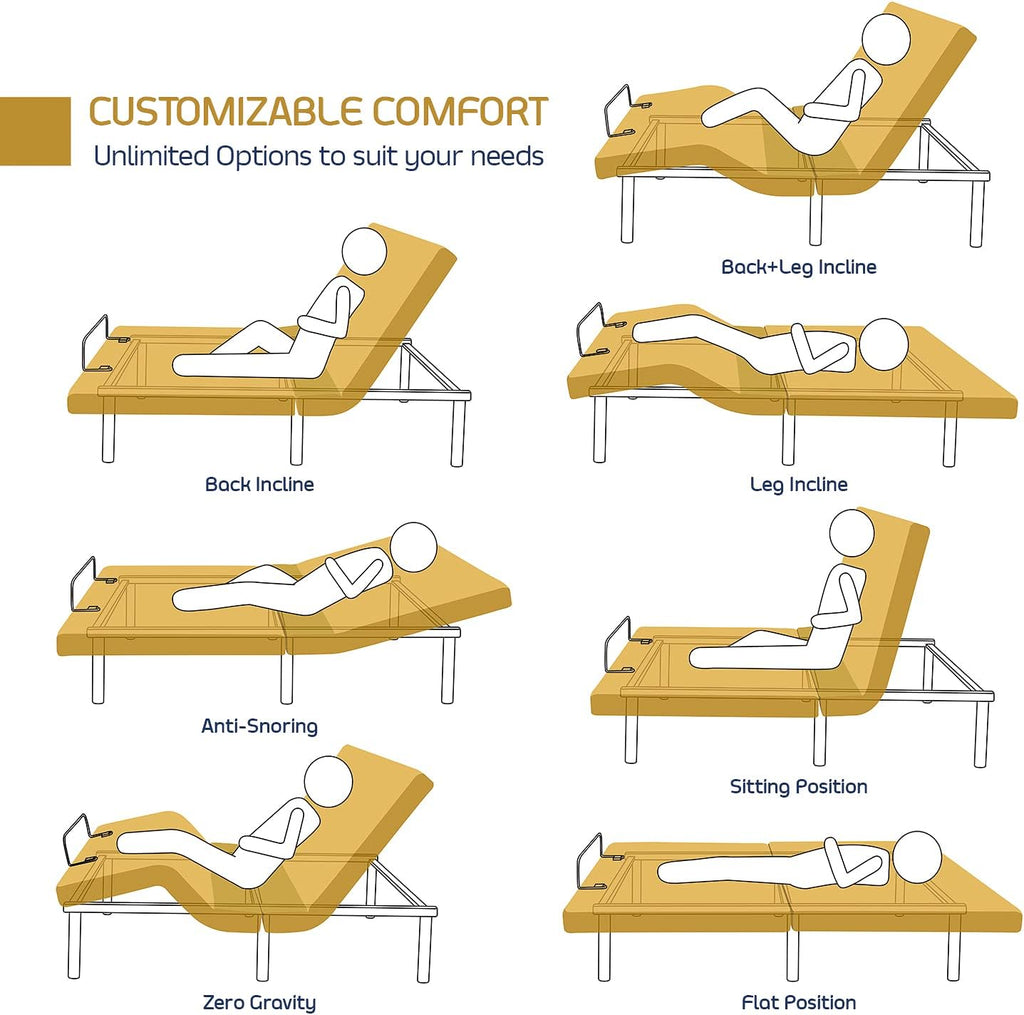King Adjustable Bed Frame with Massage and Wireless Remote, Electric Base with Head and Foot Incline, Zero Gravity