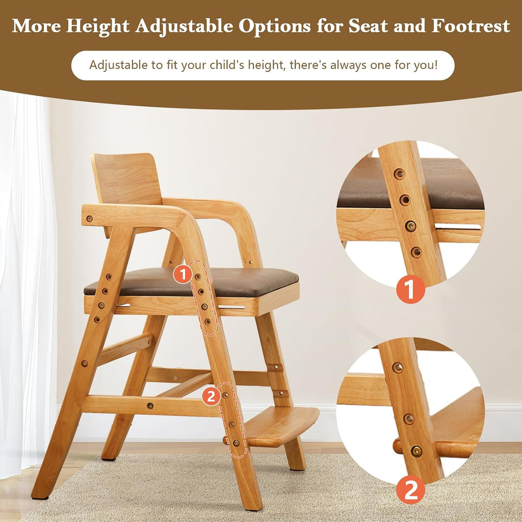 Toddler High Chair Wooden Dining Chair with Padded Seat Natural | Adjustable Kids Dining Chair for Dining Table