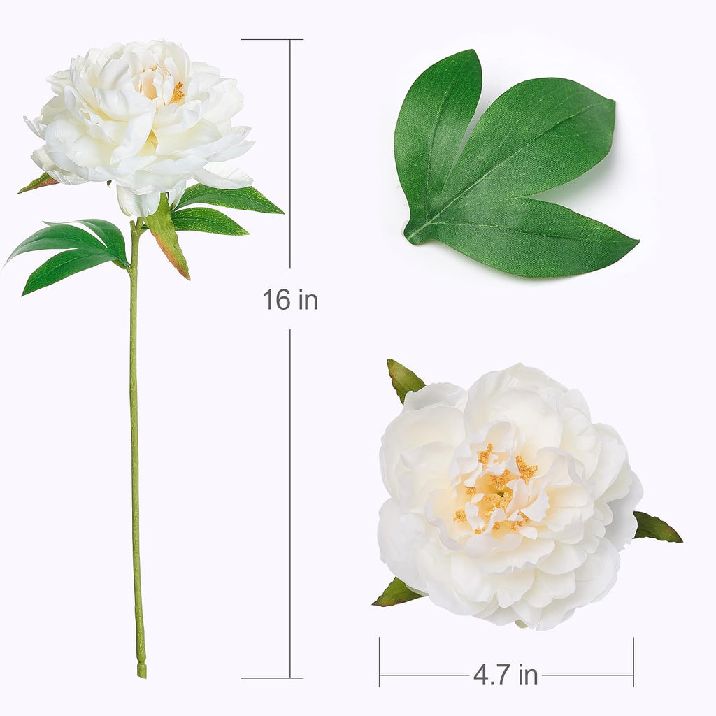 Ivory White Silk Peonies, 16" Artificial Flower Stems Decor - Set of 6