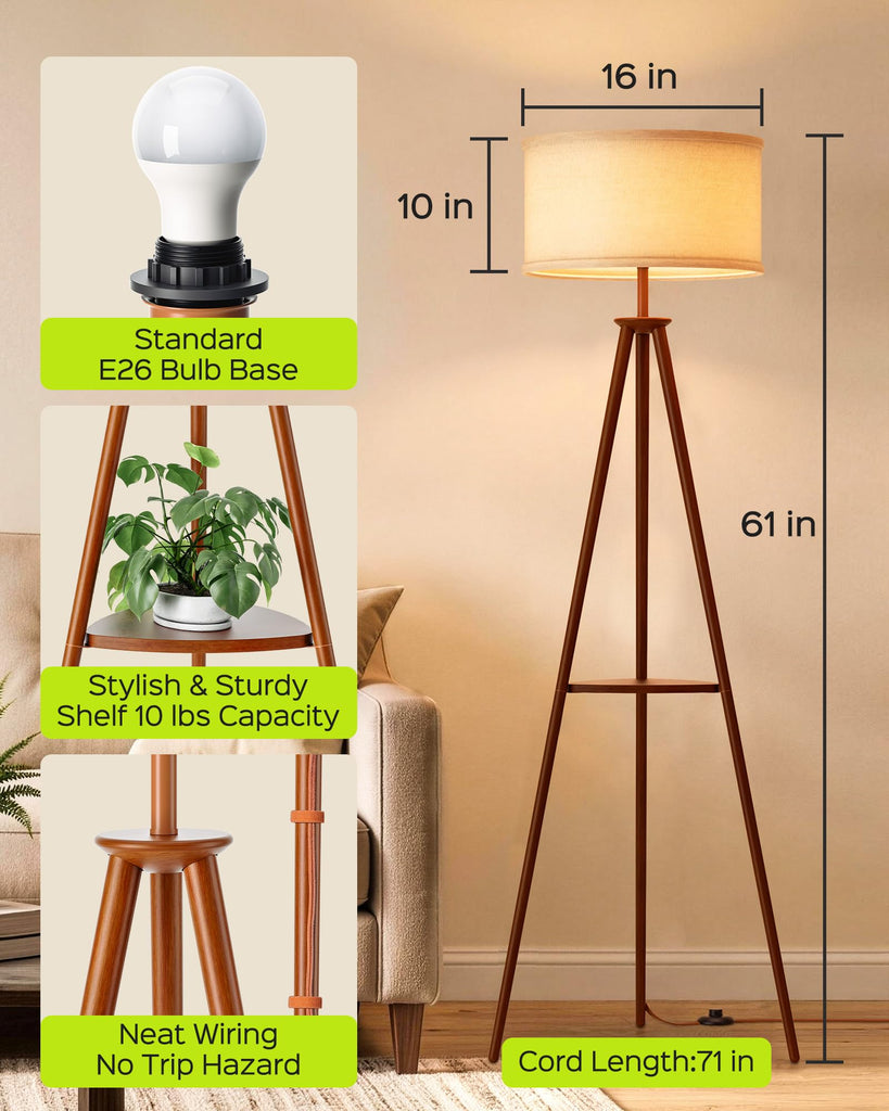 Tripod Floor Lamp with Shelves Mid Century Modern