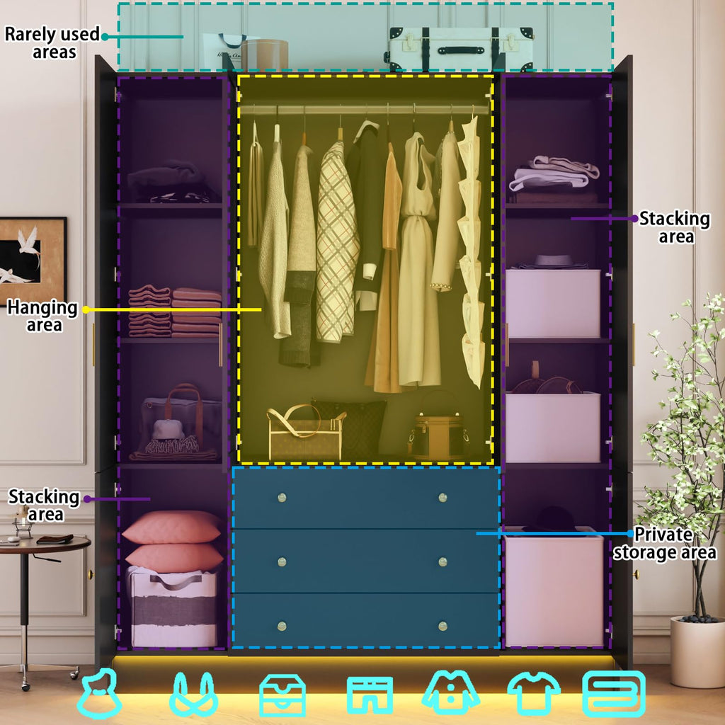 75" Tall Wardrobe Closet with 4 Doors & 3 Drawers, Modern Armoire with Mirror & LED Lights, Wooden Armoire Wardrobe