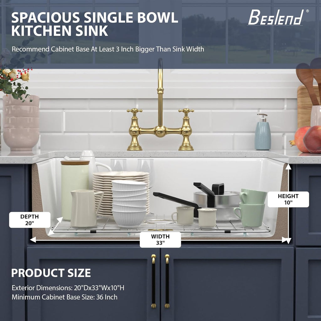 White Farmhouse Sink 33x20 Inch | 33x20x10 In White Farmhouse Sink Fireclay Farm Style Apron Front Kitchen Sink Large