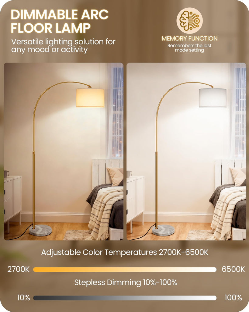 75" Dimmable Gold Arc Lamp with Marble Base, Adjustable Height, White Shade