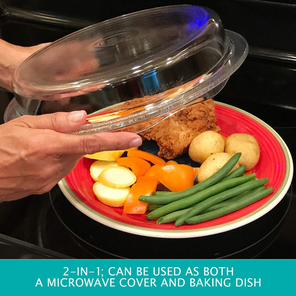 Safe 2-in-1 Cover 'n Cook Vented Glass Microwave Plate Cover and Baking Dish; Easy to Grip for Baking and Serving