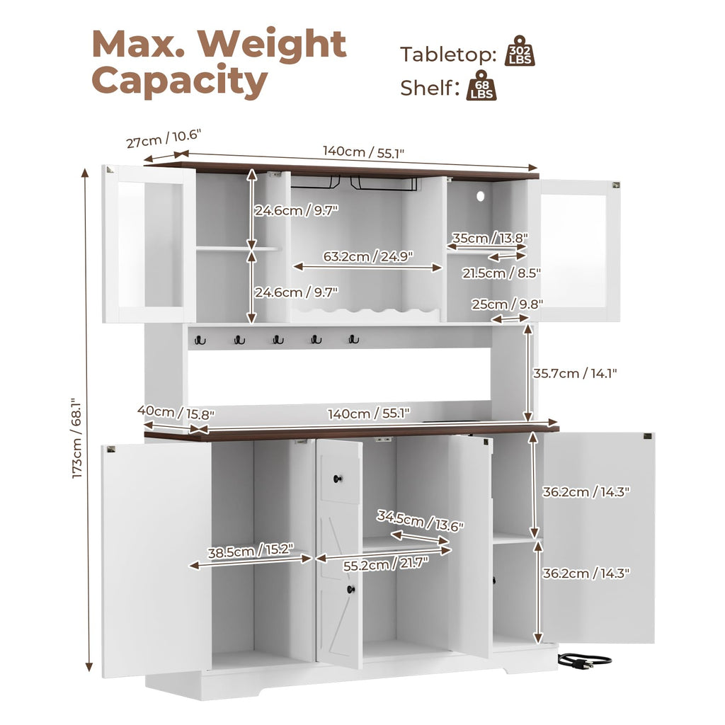 68" Tall Kitchen Pantry Storage Cabinet with Charging Station, 55" Wide Kitchen Hutch Cabinet with Large Countertop