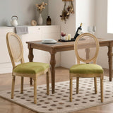 French Country Dining Chairs Set of 2, Farmhouse Rattan Dining Chairs with Round Back and Wood Legs for Kitchen or Bedroom, Olive Green