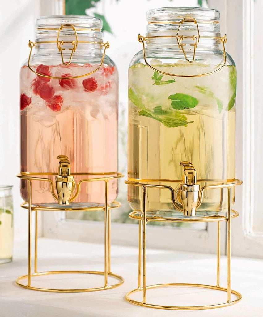Drink Dispensers for Parties, 2 Pack 1 Gallon Beverage Dispenser with Stand, Drink Dispenser With Glass Lid, juice - Set of 2
