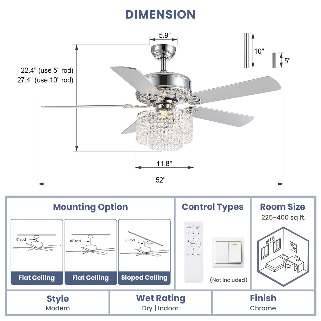 52 Inch Crystal Ceiling Fan with Light and Remote Control