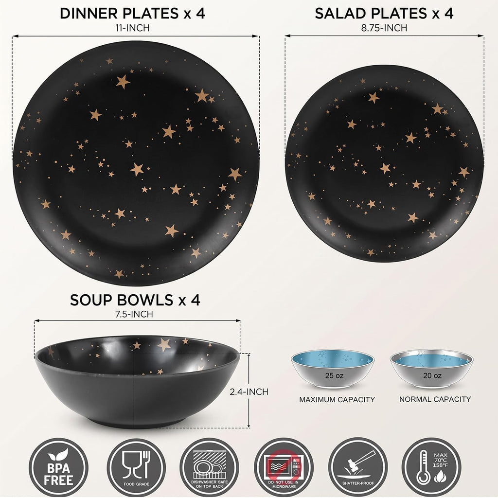 Black Melamine Dinnerware Sets - 12pcs Plates and Bowls Sets,Service for 4