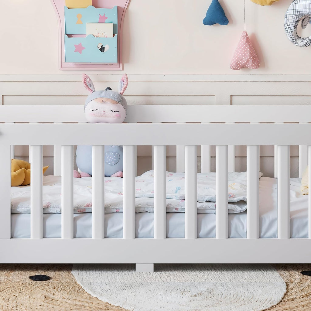 Twin Floor Bed with Slats, Fence and Door, Twin Size Montessori Floor Bed for Kids, Girls, Boys, Easy Assemble