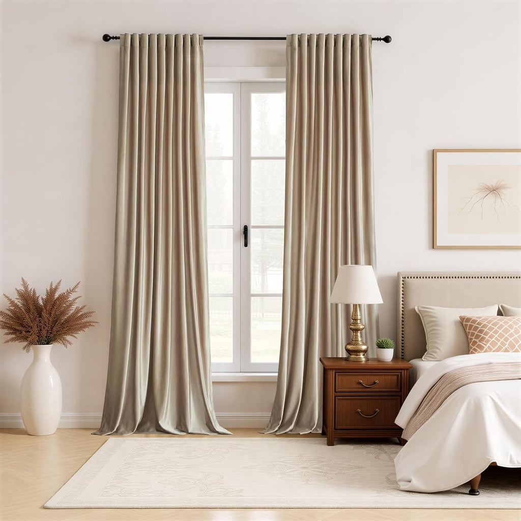 100% Full Blackout Champagne Beige Velvet Curtains 84 inch Long,Set of 2 Liner Rod Pocket Back Tab Thermal Window