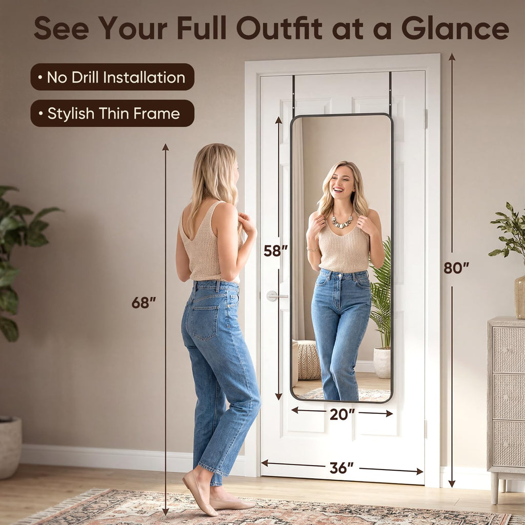 58"x20" Over the Door Full Length Mirror, Hang or Floor Stand, Black