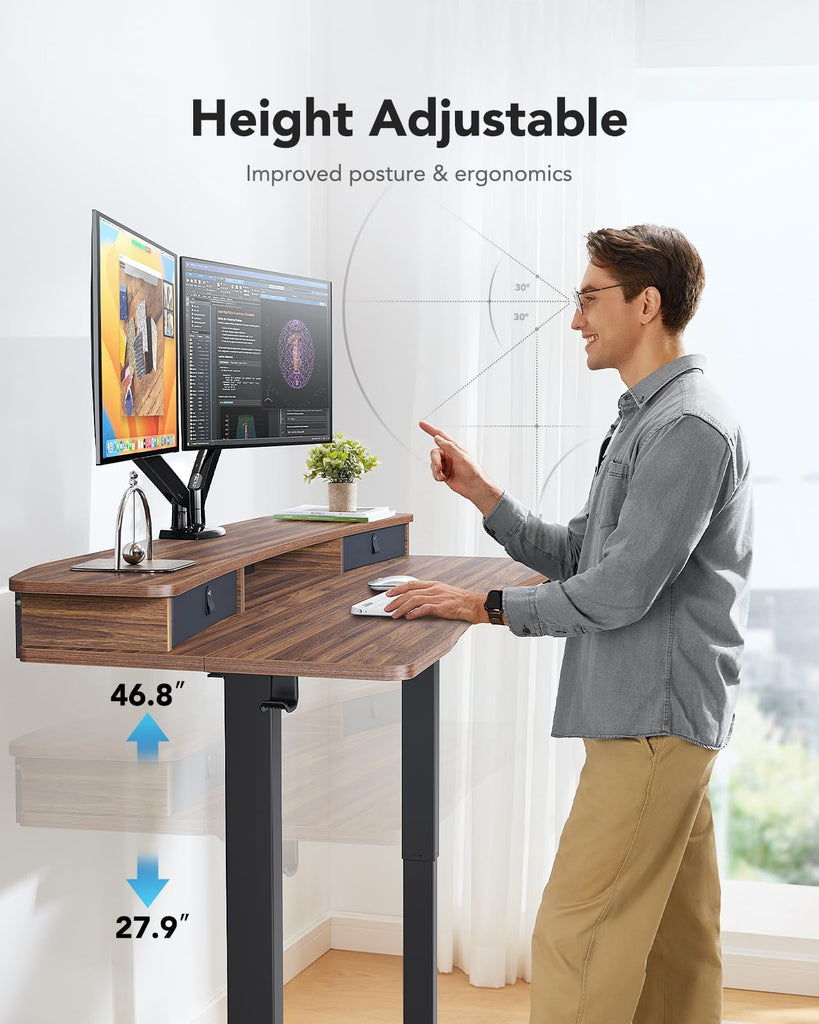 60′′ x 30′′ Electric Standing Desk with 2 Drawers, C-Clamp Mount Compatible, Height Adjustable Computer Desk, Home
