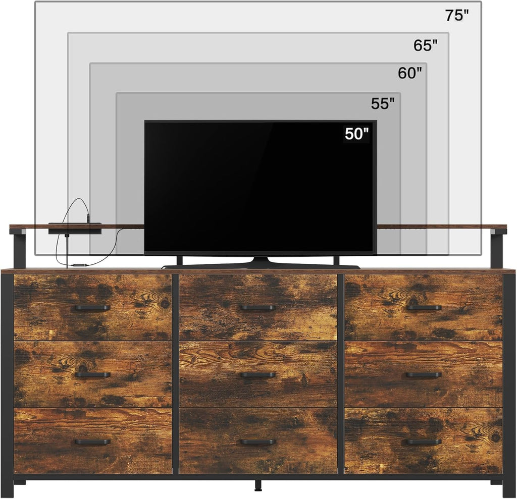 63'' Rustic Brown, 9 Drawer with Power Outlet and Led Lights, Bedroom Furniture with Wooden Drawer and Metal Frame