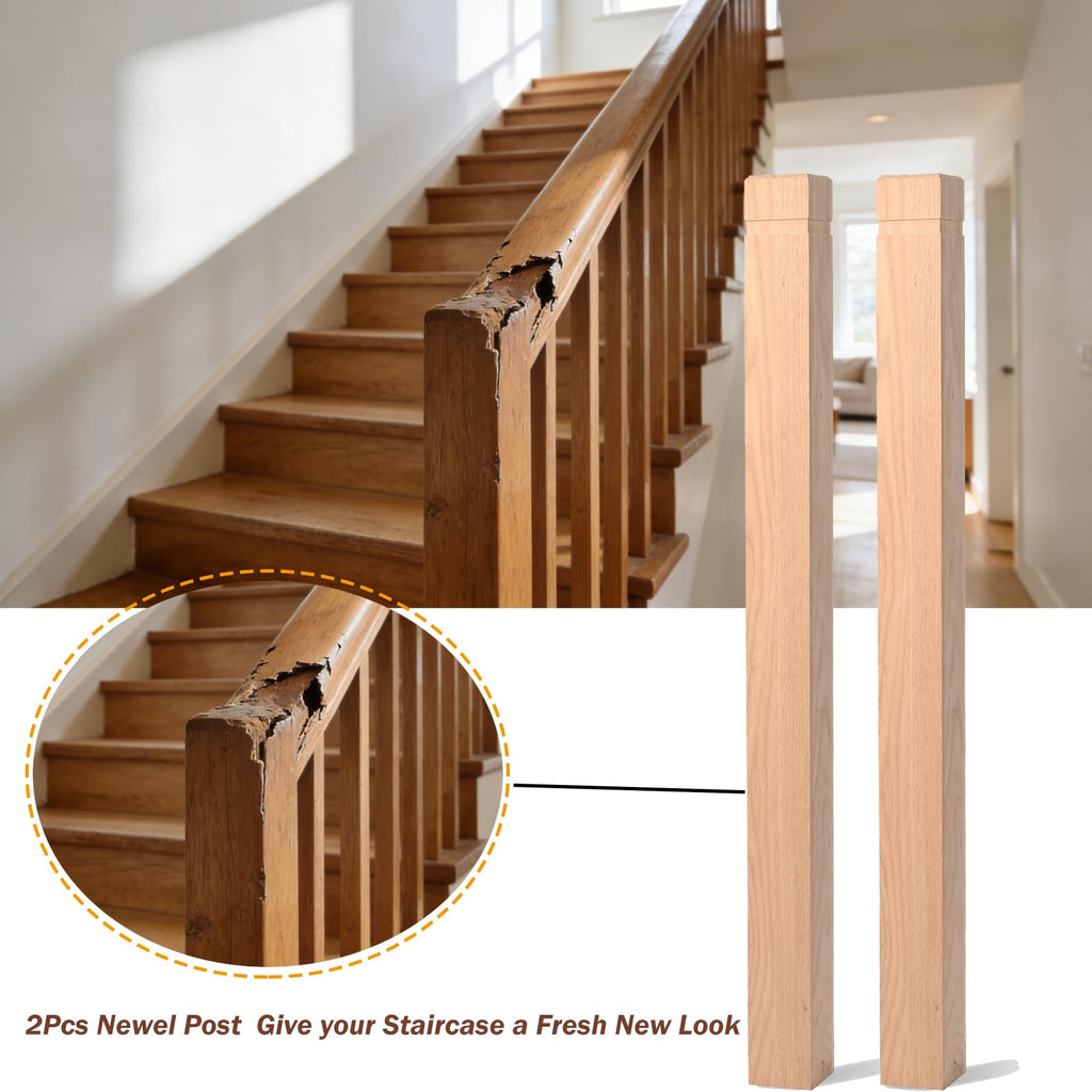 2PCS Solid Red Oak Stair Newel Post, 3.5 x 48 inch Wood Balusters