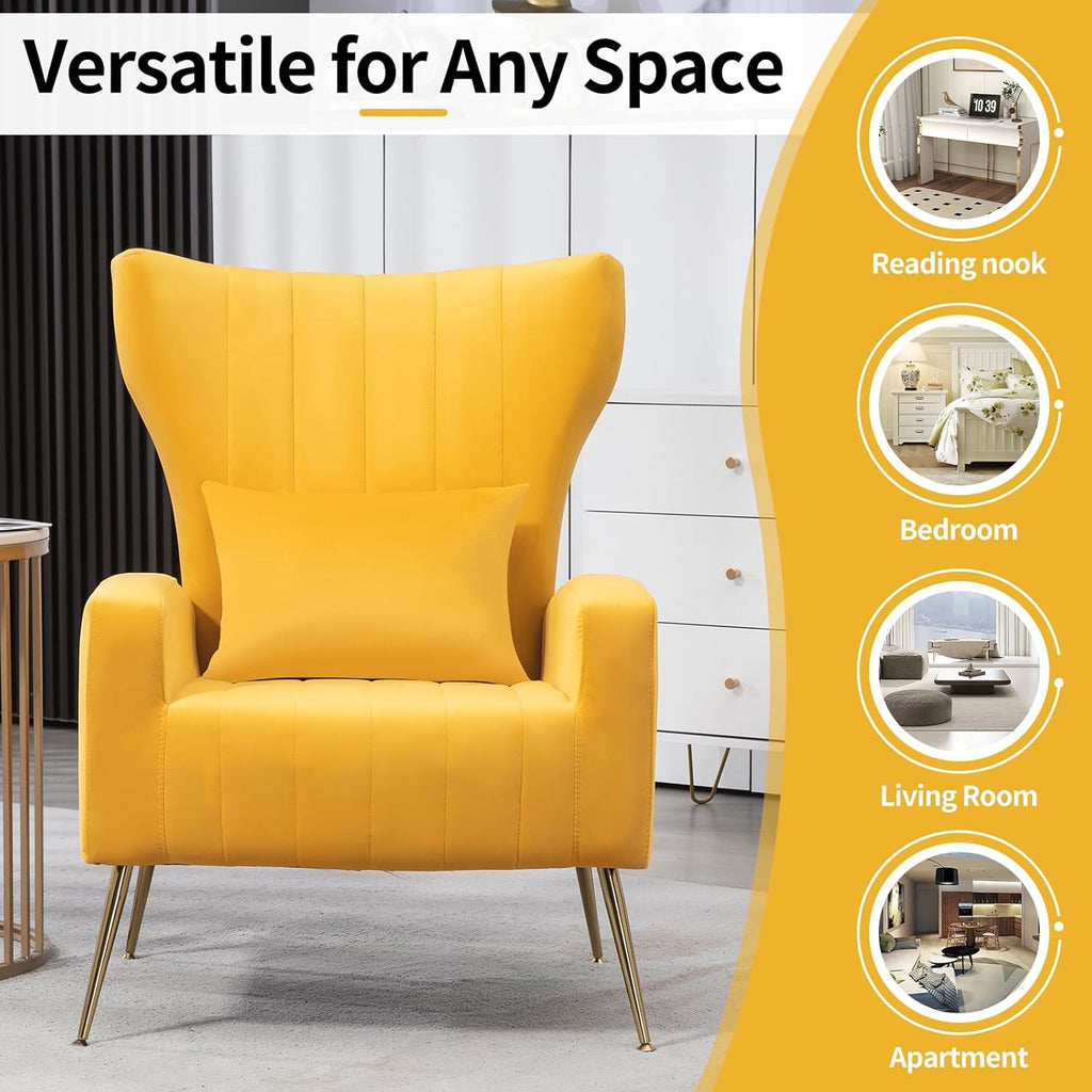 Modern Velvet Accent Chair with Arm & Wingback, Living Room Bedroom Side Chair with Gold Metal Legs & Lumbar Pillow
