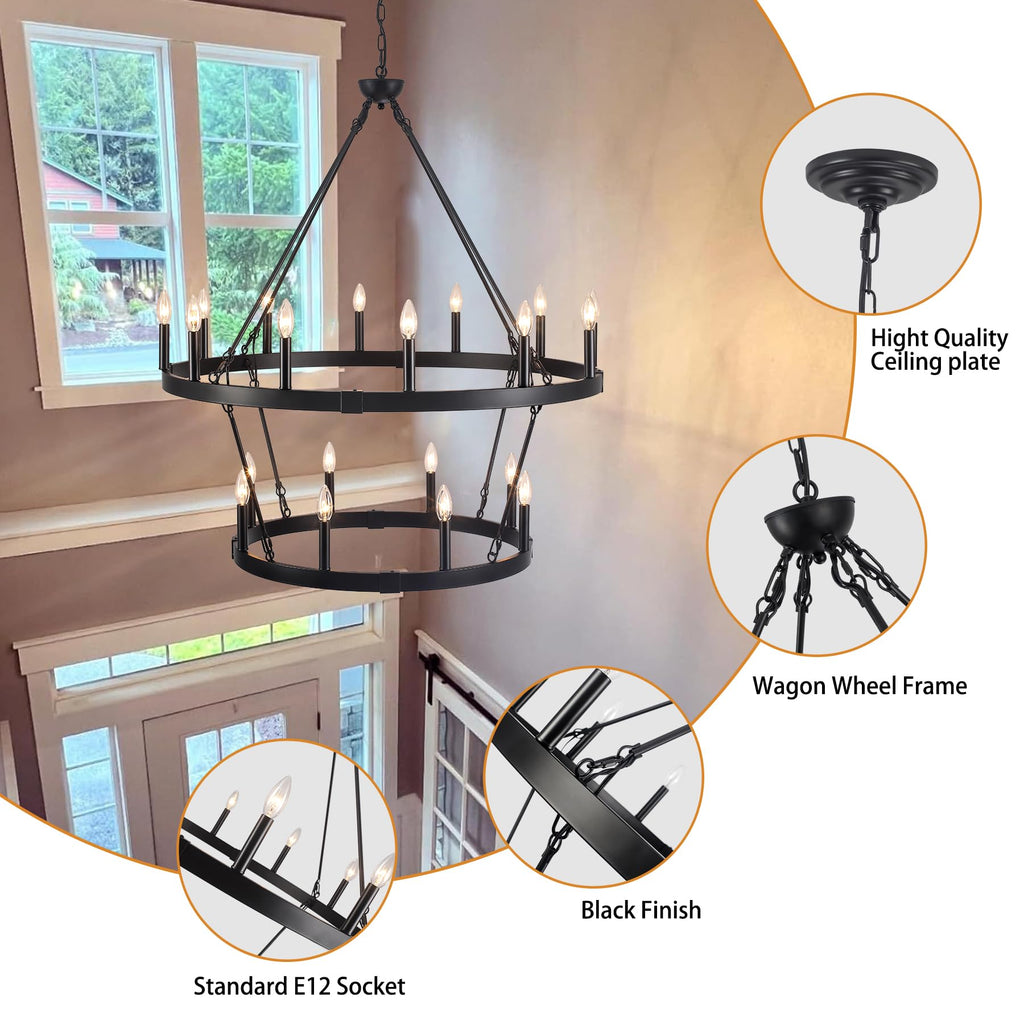 Inspired Camino Style Chandelier - Two Tier Wagon Wheel, 20-Light Black Farmhouse Chandelier W38" x H41"