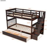 Wood Twin Over Twin Bunk Bed with Drawers and Stairs