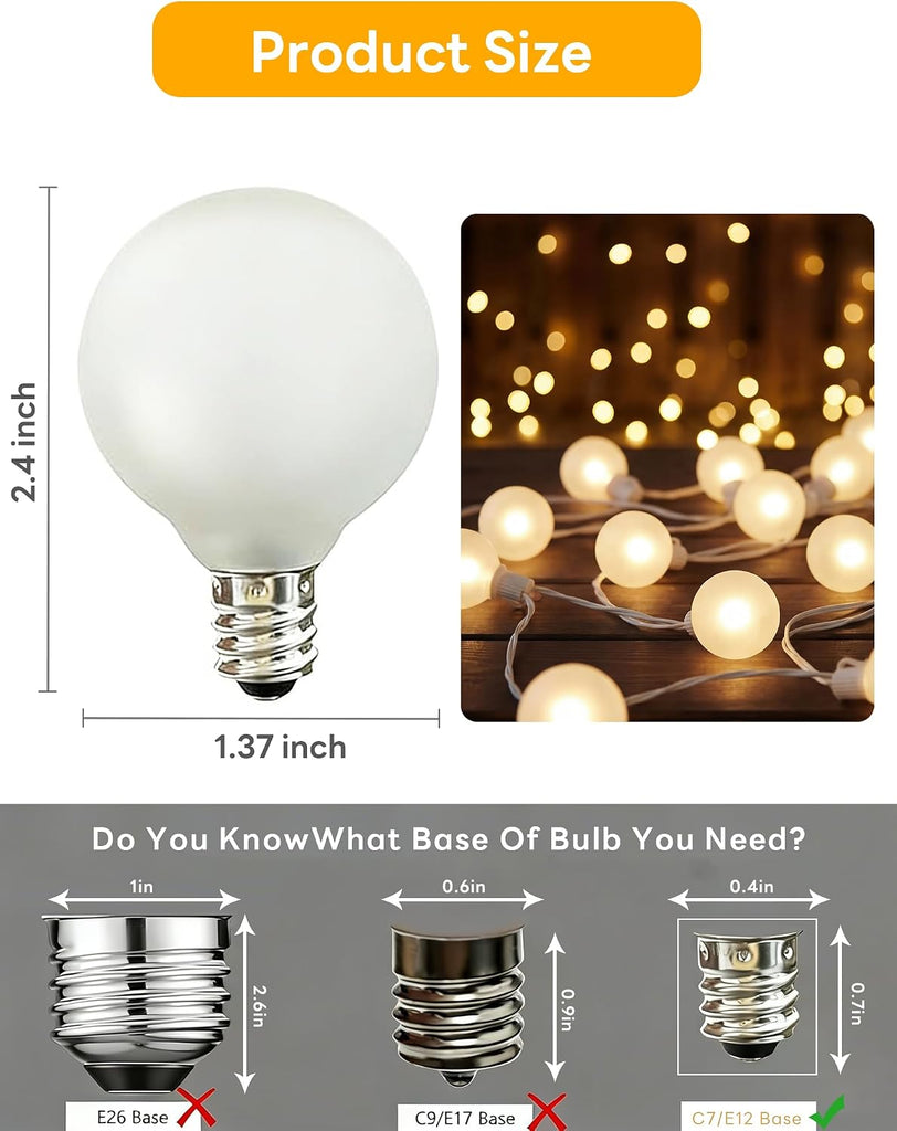 G40 Outdoor Globe Replacement Bulbs with Frosted White, 5 watts /110 volts/E12 Base