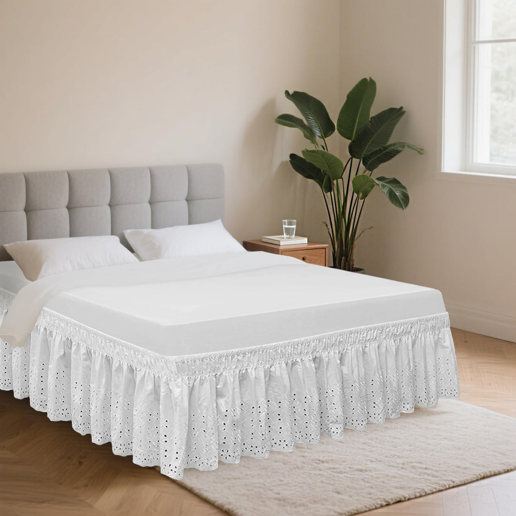 Wrap Around Elastic Eyelet Bed Skirt Dust Ruffle (White, Queen/King-18 Inch Drop)