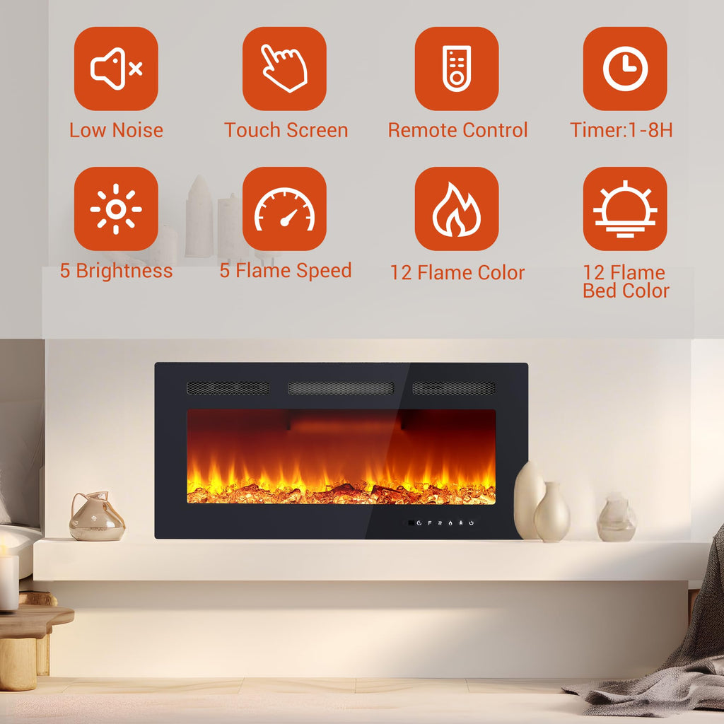 36 Inch Electric Fireplace, Modern Wall Mounted Fireplace Heater
