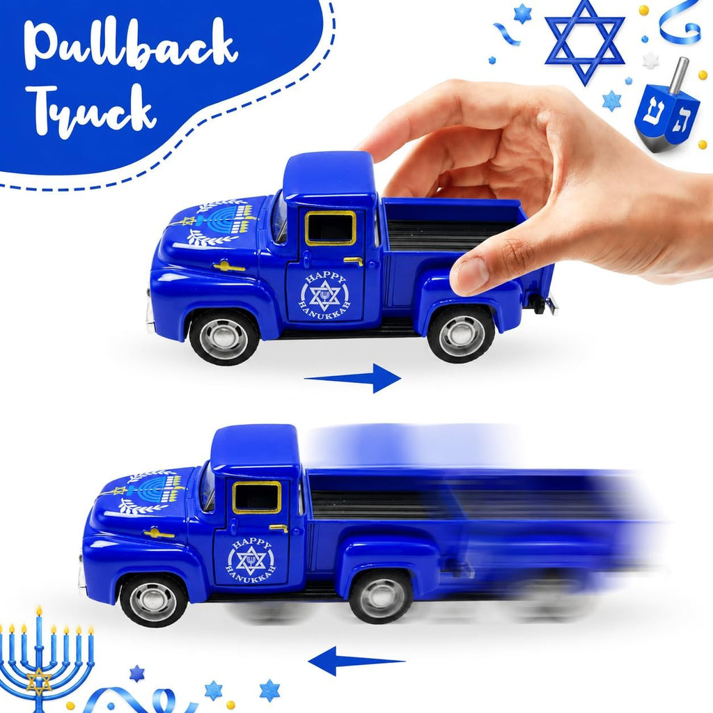 Hanukkah Truck Decor with 3 Wooden Dreidels and Gold Gelt Coins, 5.7-Inch