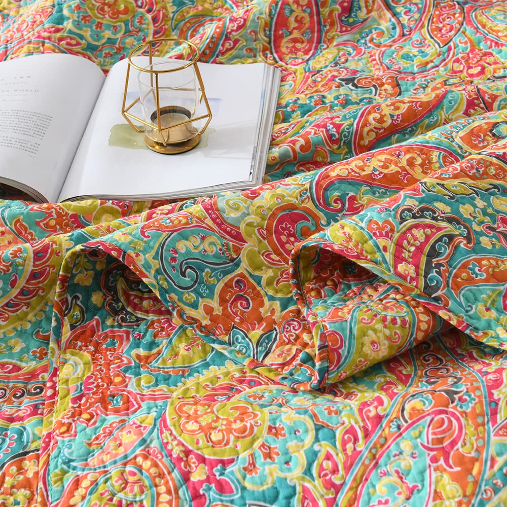 Paisley Quilt Sets, Soft Cotton Bedspread with 2 Shams, Lightweight Reversible Quilted Coverlet All Season