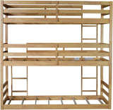 Triple Twin Bunk Bed, Solid Rubberwood 3-Tier Bed with 2 Ladders & Guardrails